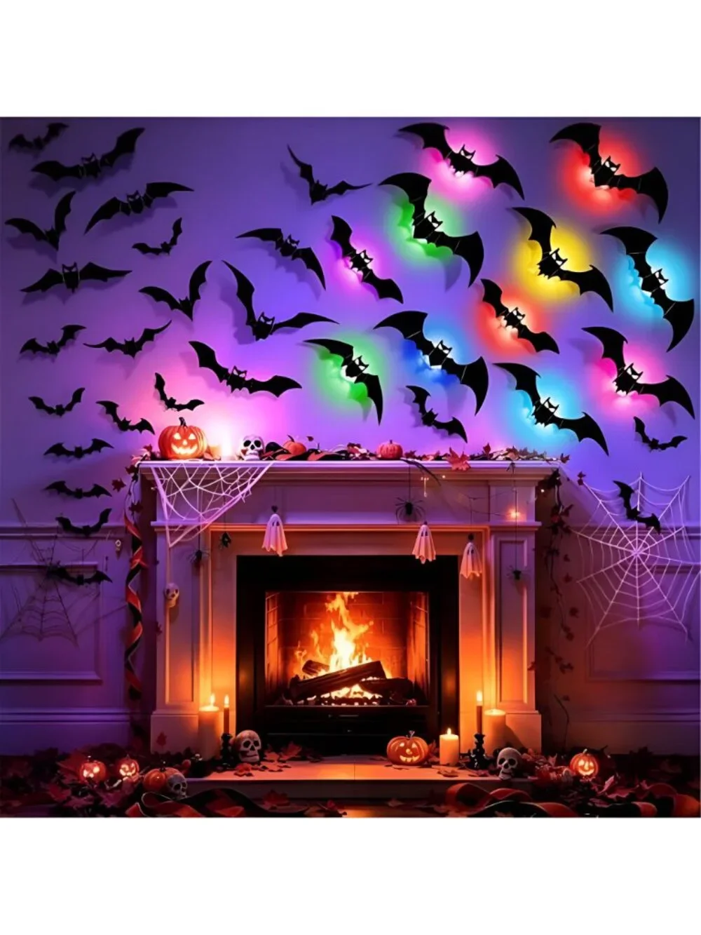 48P Bats Halloween Decorations + 12P Rechargeable Lights with Remote
